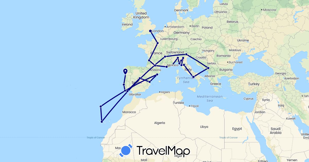 TravelMap itinerary: driving, plane in Spain, France, United Kingdom, Italy, Montenegro, Portugal (Europe)